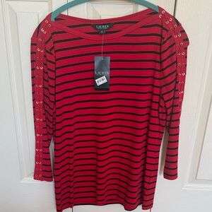Ralph Lauren Red and Black Striped Top with Eyelet Sleeves